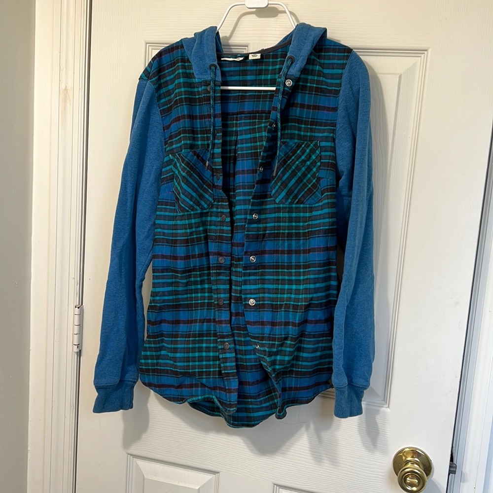 LL Bean Hooded Flannel, XS, Blue Plaid